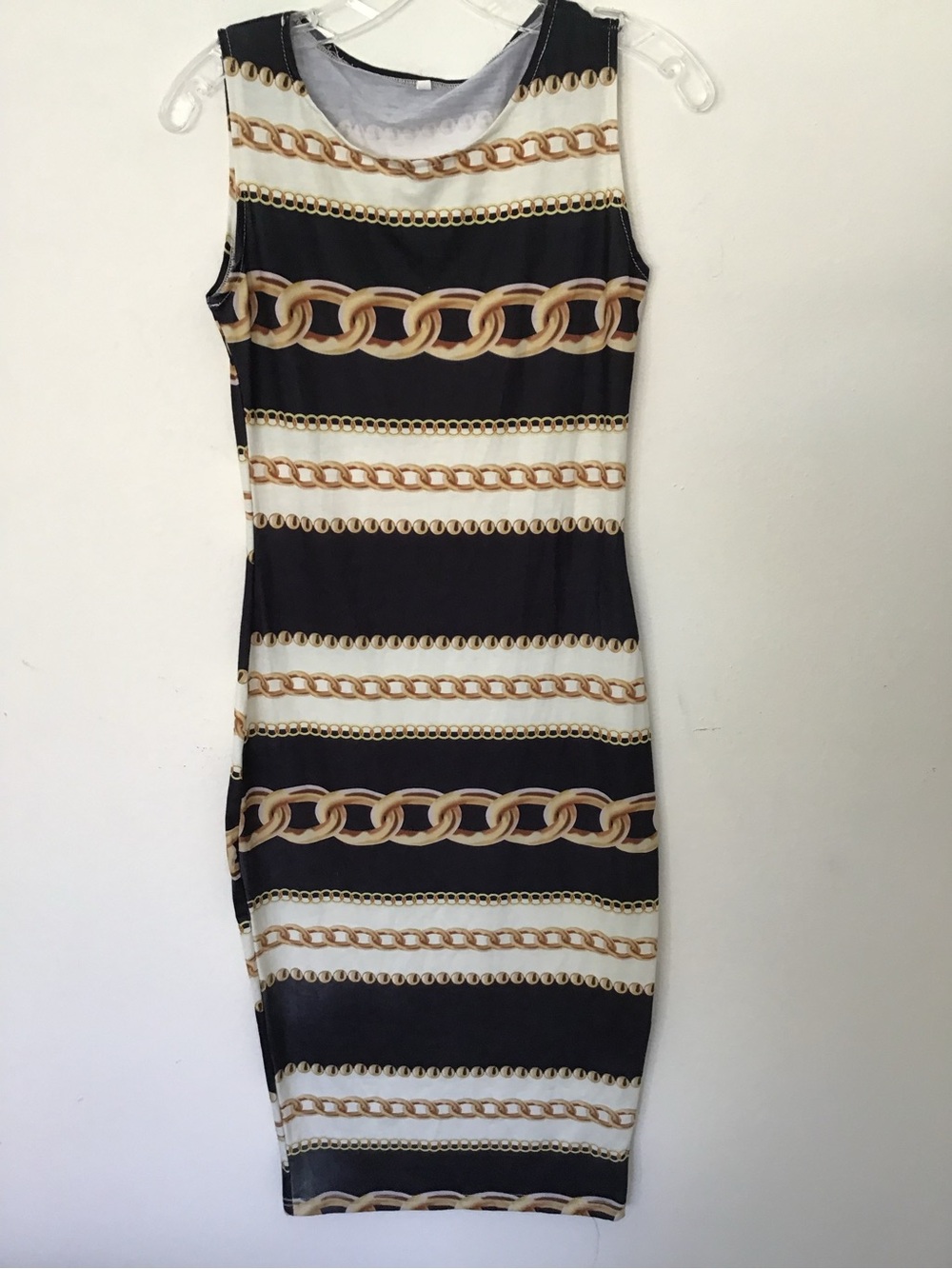 Sleeveless Black & White Midi Dress with Gold Chain Print